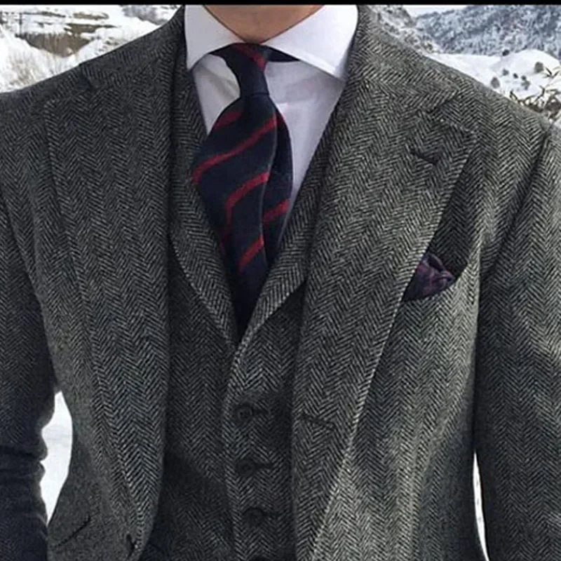 Herringbone Wool Grey Men Suits For Formal Business Groom Wedding Tuxedo 3 Piece Tweed Man Set Jacket Waistcoat with Pants