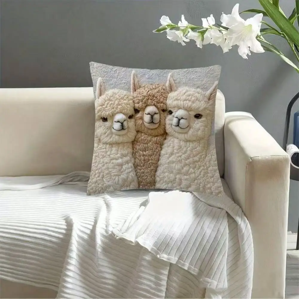 Fronha de alpaca fofa, capa de almofada curta de veludo macio para sofá, cabeceira de carro, impressão plana 2d, bordado não real, 1 peça 45*45cm