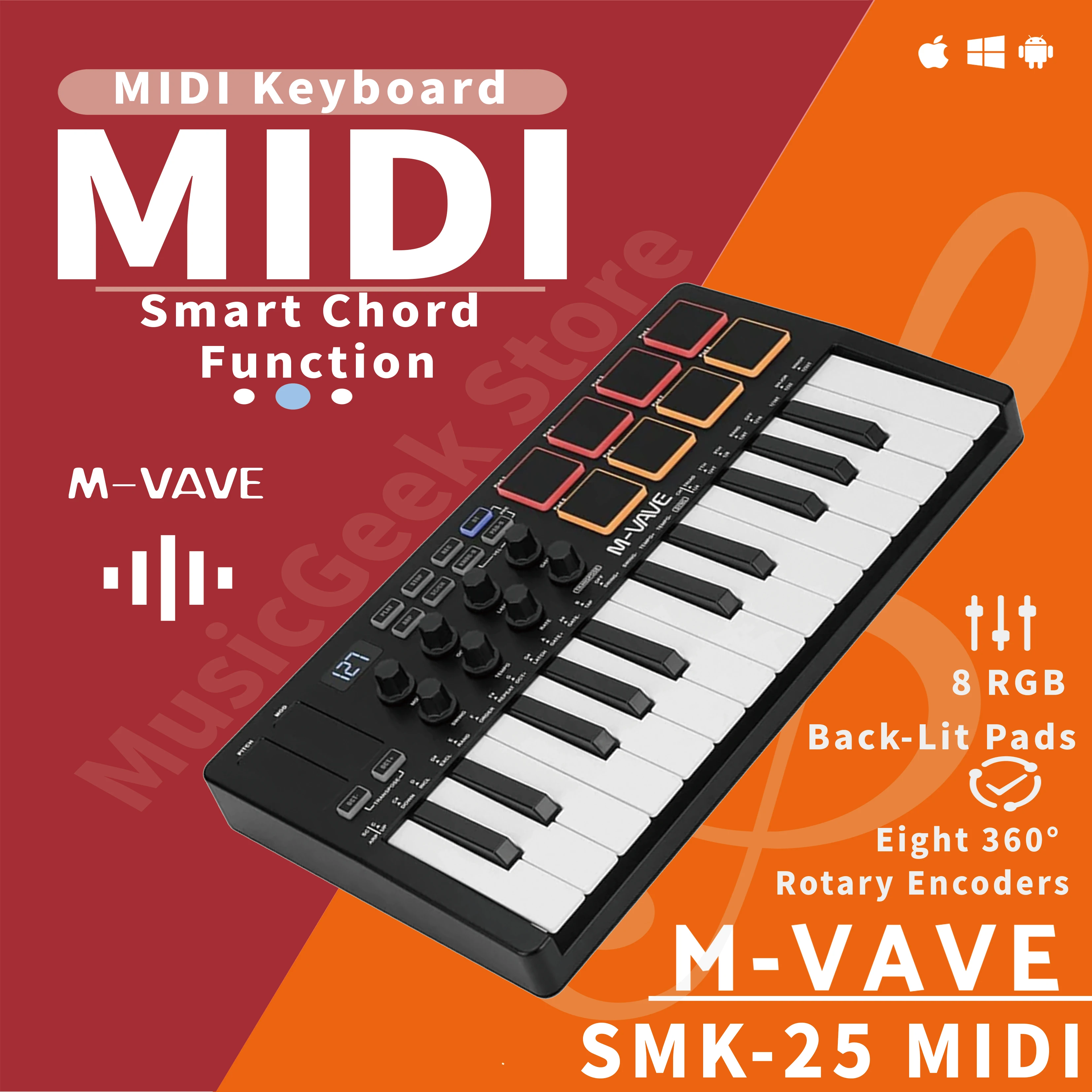 M-VAVE SMK-25 MIDI Keyboard Controller With 25 Velocity Sensitive Keys 8 Backlit Drum Pads Wireless MIDI Controller