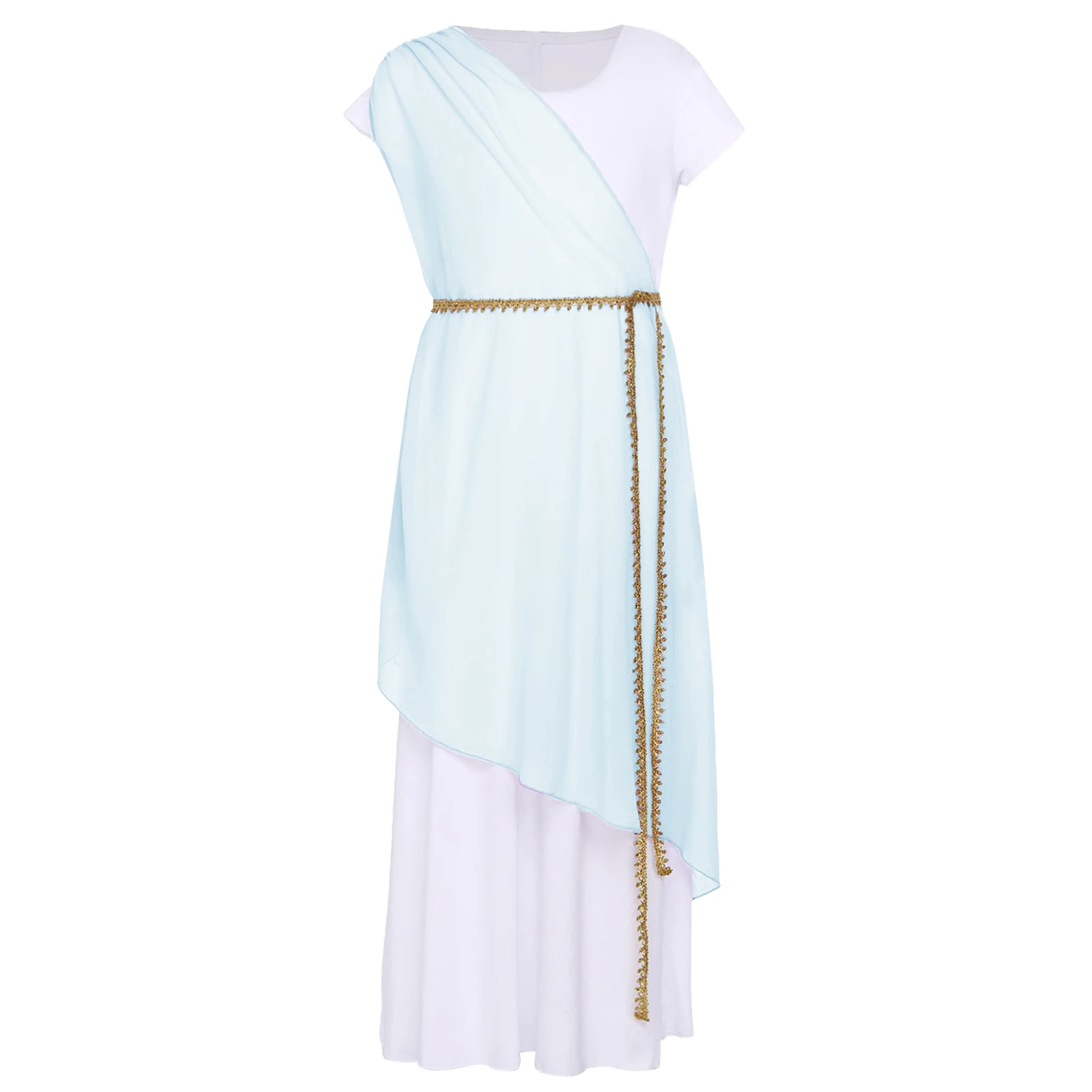 

Ancient Greek Costume Halloween Cosplay Dress for Kids Girl Toga Short Sleeve Golden Waistband Ancient Rome Princess Attire