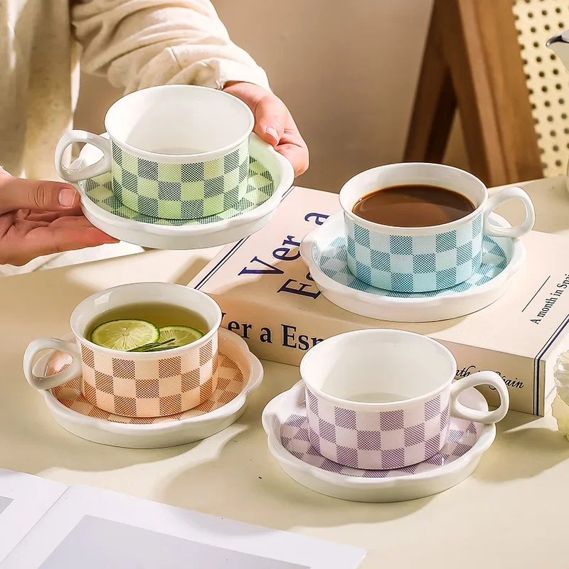 Creative Checkered Ceramic Coffee Cup and Saucer Perfect Latte Art Afternoon Tea Desserts Milk Tea Home Breakfast Mug Decoration