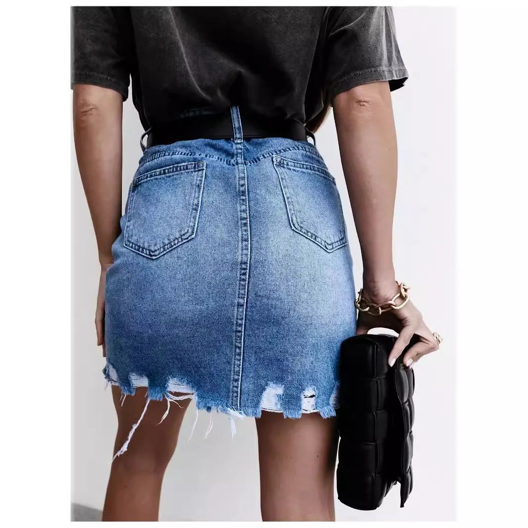 Women Denim Skirts Slim Fit Washed Skirt High Waist Distressed Slim Fit Zipper Fly Spliced Sexy Wrap Buttocks Sheath Pockets