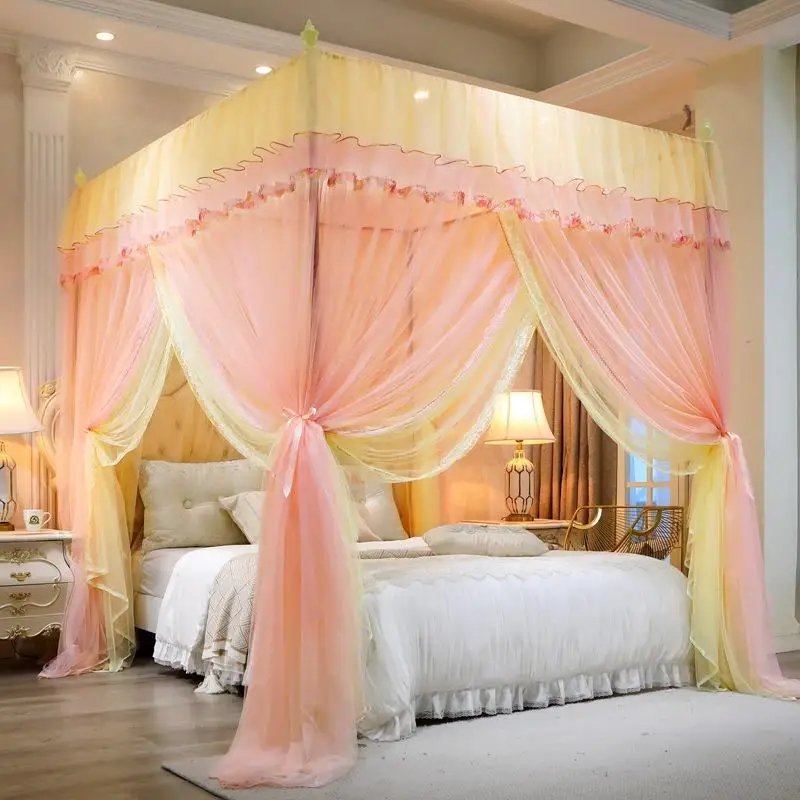 2025 New Palace Double-Layer Contrasting Mosquito Net Girl Style Encrypted Triple Door Soft Mesh Floor Bed Canopy with Folds