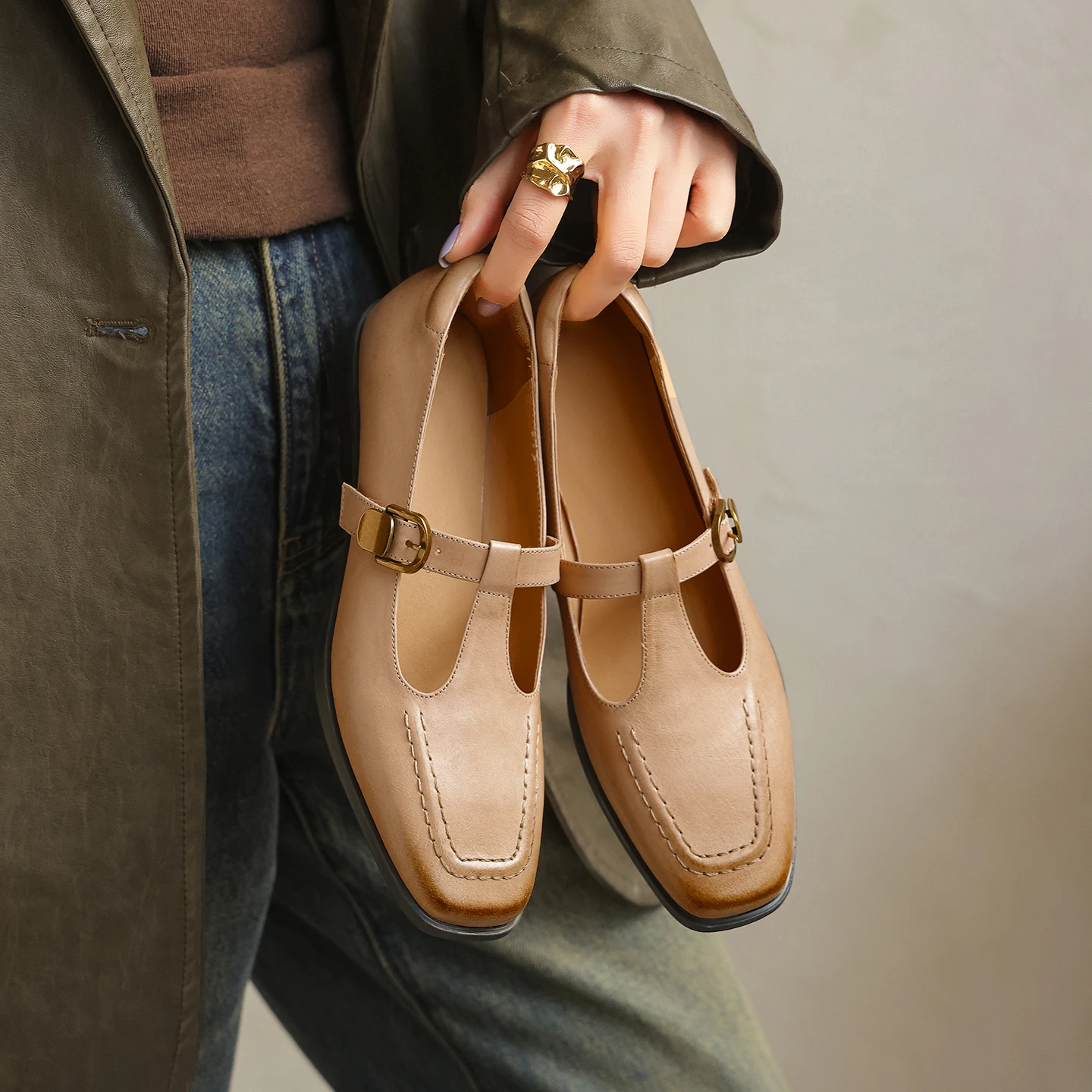 

Genuine Leather Square Toe Chunky Heel Mary Jane Pumps T-Strap High Heel Shallow Cut Comfortable Versatile Shoes For Women