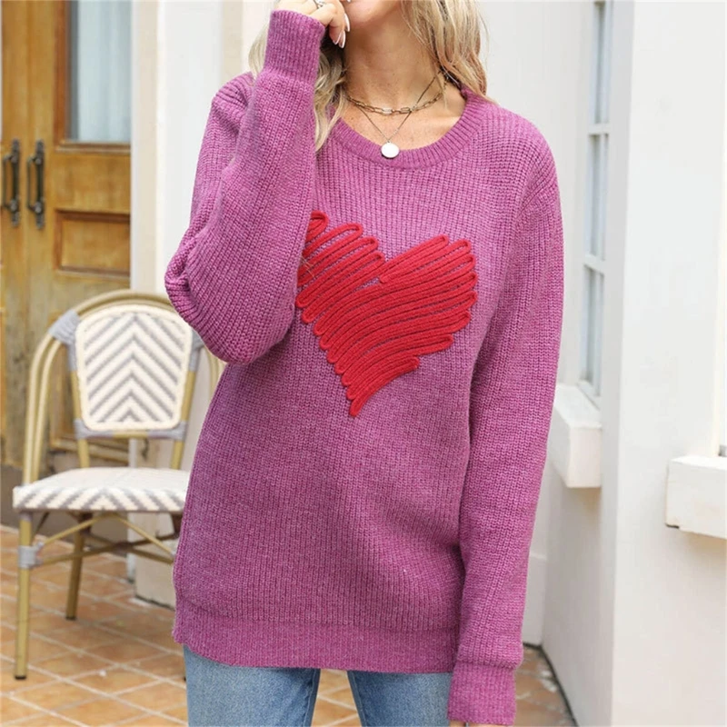 

Womens Fall Winter Long Sleeve Round Neck Sweater Heart Pattern Casual Loose Knitwear Ribbed Trim Pullover Jumpers Top 066C