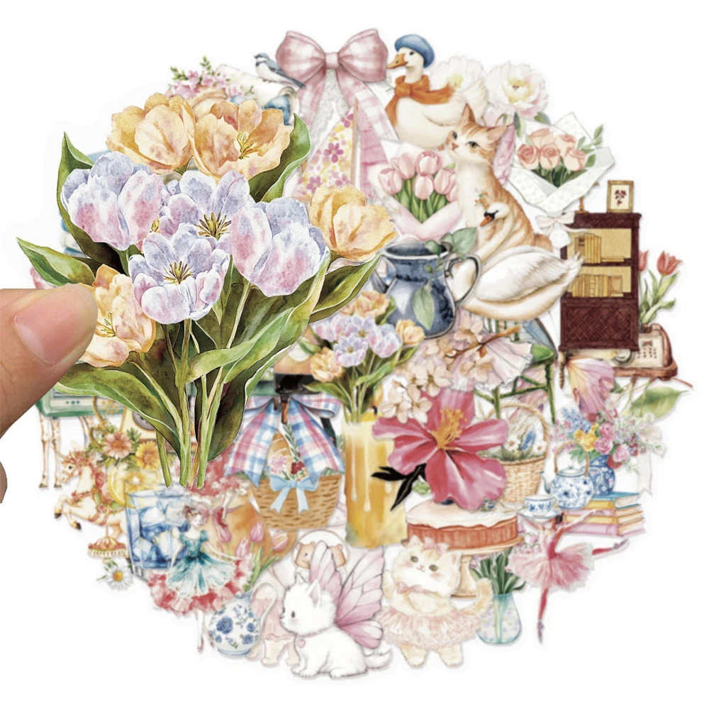

10/30/50pcs Transparent Aesthetic Watercolor Girl Graden Stickers Vintage Decals Notebook Phone Laptop Cute PET Sticker Kids Toy