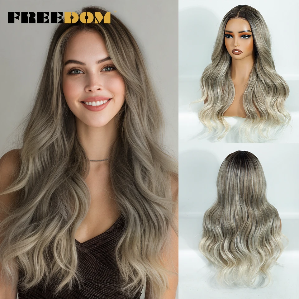 

FREEDOM Synthetic Lace Front Wigs For Women 26 Inch Long Wavy Ombre Highlight Lace Wigs Pre Plucked Pre-Cut T Part Lace Wig