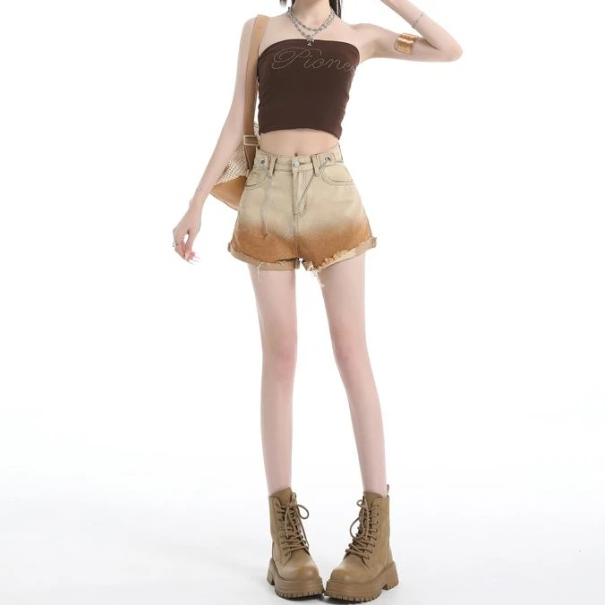 FINEWORDS Y2K Vintage Ombre Gradient Denim Shorts Women High Waist Frayed Raw Hem Jean Shorts with Chain Casual Streetwear