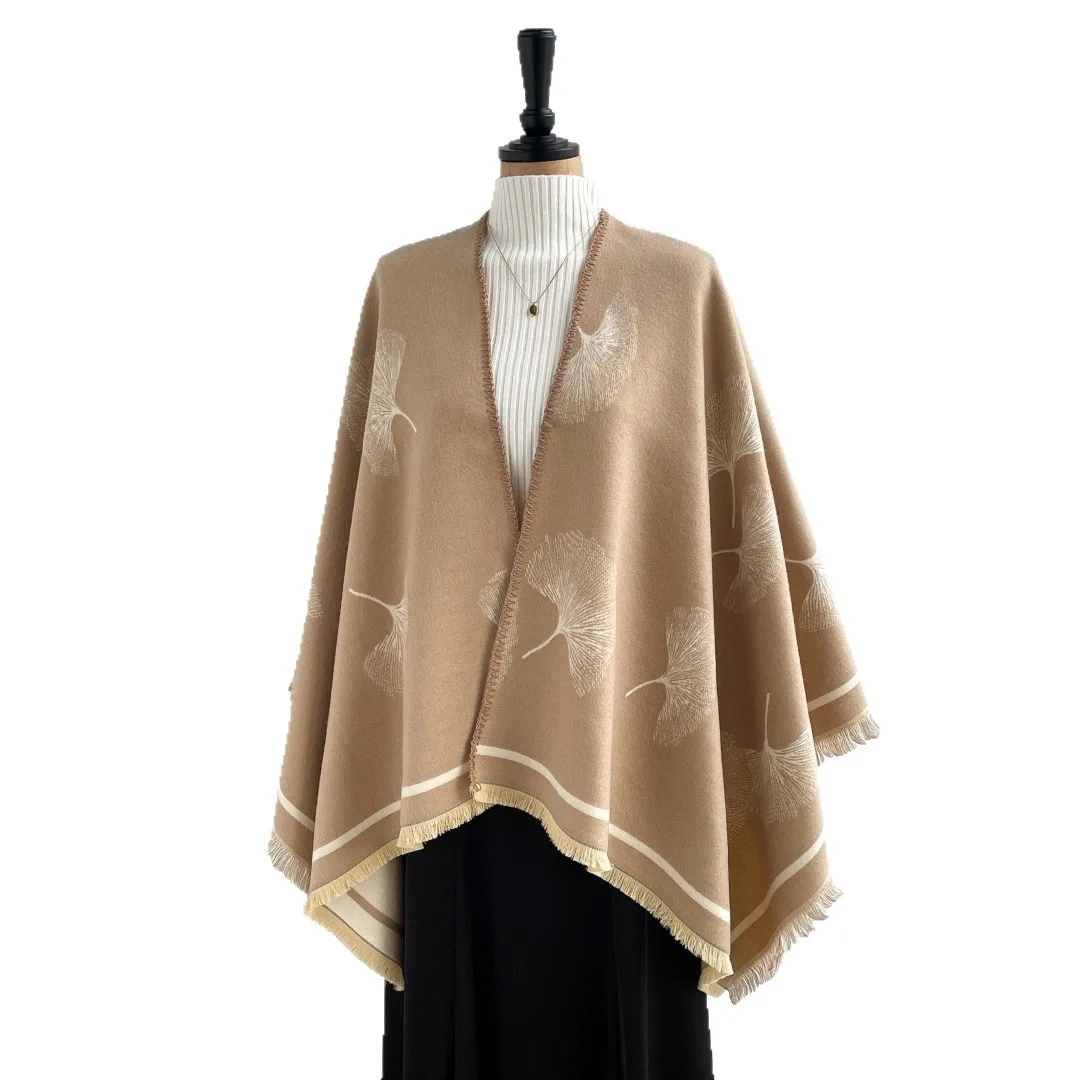 Autumn and winter double-sided Cloak gingko leaf slit shawl retro tassel cape travel photography atmosphere warm Poncho