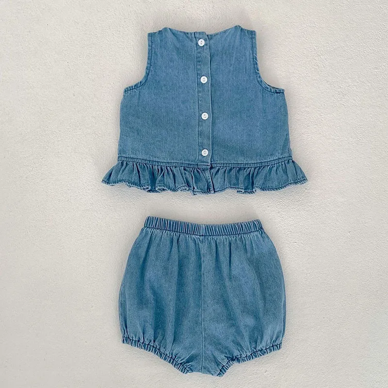 2025 neue Sommer 0-3Yrs Kinder Kleidung Anzug Ärmel Einfarbig Denim Weste + Shorts Neugeborenen Baby Mädchen Kleidung Set