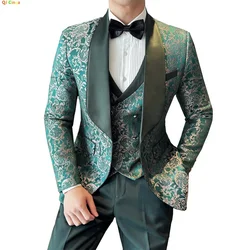 Green Jacquard Men's Suit 3 Piece, Wedding Party Dress Jacket with Vest & Trousers, Fashion Slim Men Sets,Red,Black,Blue,S-4XL