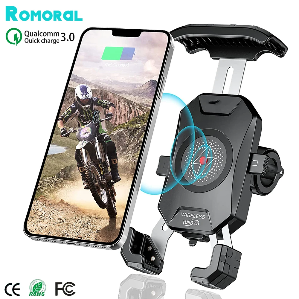 

Motorcycle Phone Holder 15W Wireless Charging Mobile Phones QC3.0 USB PD Fast Charger Bike Cellphone Mount Aluminum 360 Rotation