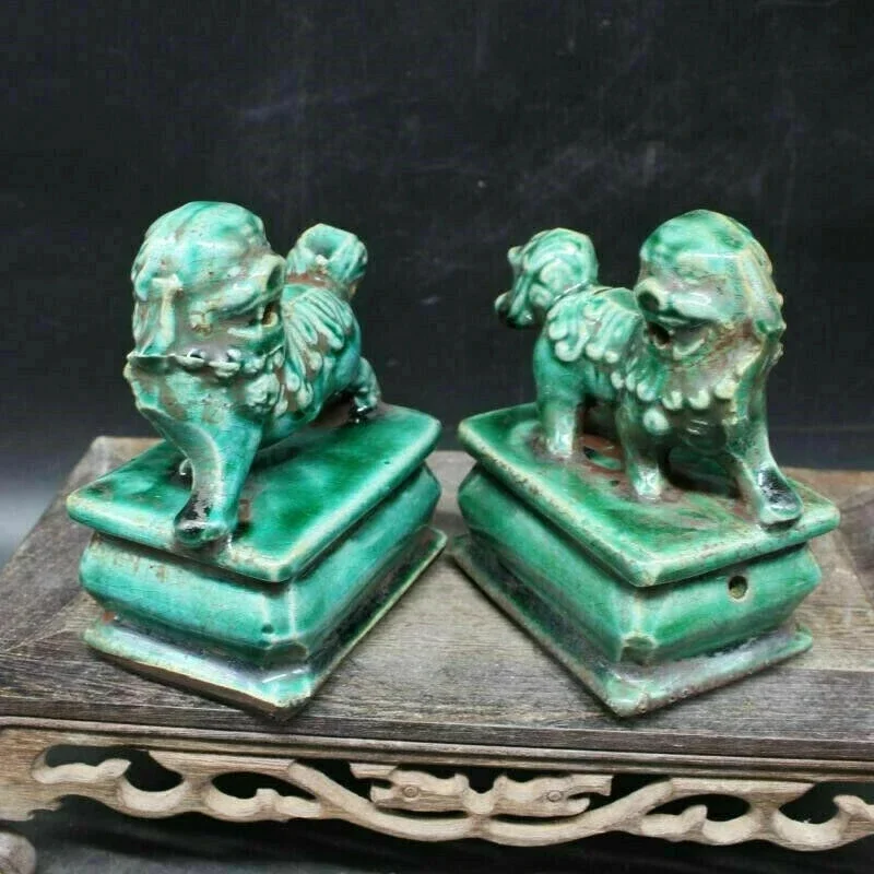 Chinese Old Statue Marked Green Porcelain Foo Dog Figure Glazed Palace Lion