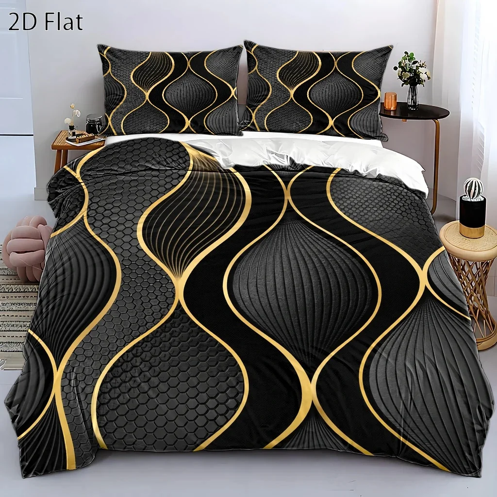 3Pc Luxury Black and Gold Ripple Quilt Cover Set, 1 Quilt Cover + 2 Pillowcases, Three-Piece Bedding Set, Suitable for All Seasons, Machine Washable Bedding Set, Invisible Zipper, Personal Bed Cover Suitable for Home, Dormitory, Master Bedroom, Guest Room, Honeycomb Texture Embossed Large Quilt Cover Set, Modern Minimalist High-End Bedding Set, Soft, Skin-Friendly, Durable, Easy-Care Quilt Cover Set, Suitable for Home and Hotel Use
