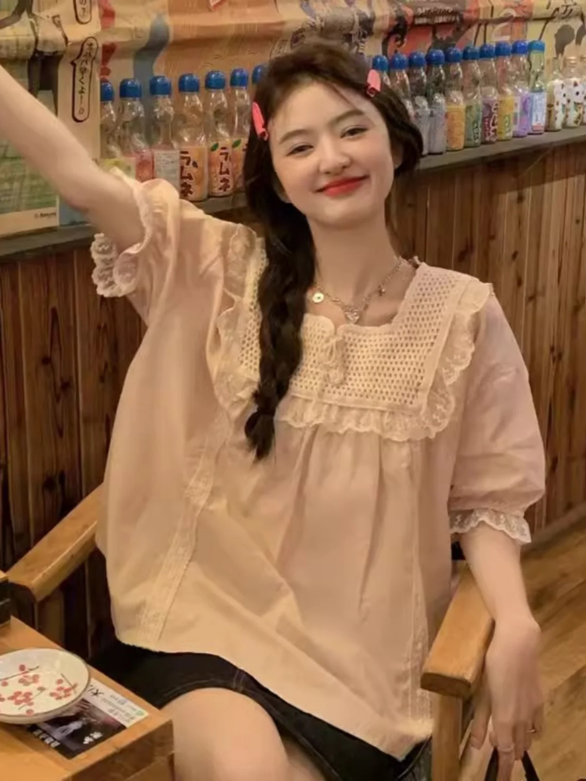 

Extra Large Size Short Sleeve Shirt with Pleated for Women Summer Sweet Loose Belly Covering Anti-Aging Top Korean Style