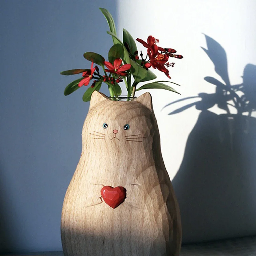 

Handmade Solid Wooden Cat Vase Modern Shelf Decor Accents Decoration Crafts For Living Room Home Party Decor