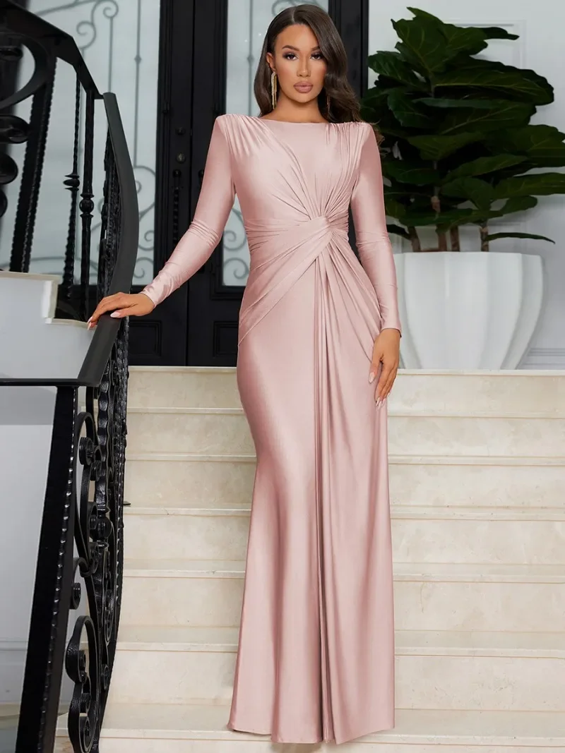 Eleganti pieghe a vita alta lunghi Maxi abiti rosa per le donne 2024 autunno o-collo manica lunga tuniche Slim Solid Party abito da sera