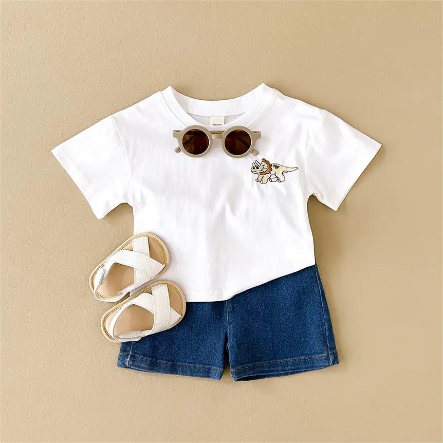 2Pcs/set Baby Clothes Dinosaur Embroidery Infant Top+Denim Shorts Set Baby Boys Girls Casual Baby Outfit Set Newborn Clothes