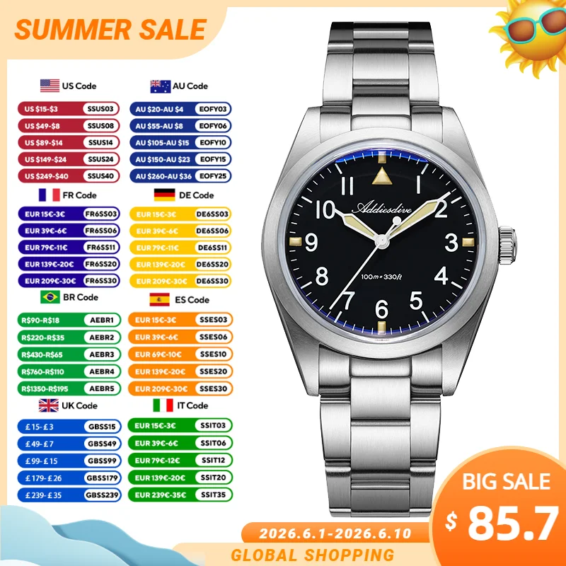 

ADDIESDIVE New Titanium Watch vh31 Movement K1 Bubble Glass Luxury Men's Quartz Watches BGW9+C3 Luminous 100m Waterproof Watch
