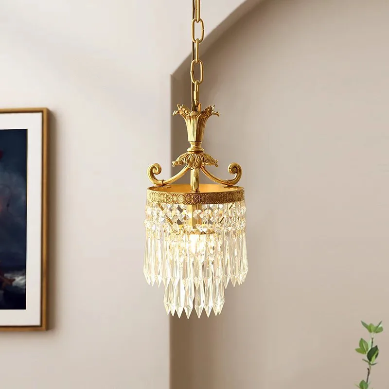 French Retro Copper Crystal Style Small Chandelier Bedroom Bedside Hanging Lamp Aisle Porch Cloakroom Corridor Pendent Lighting