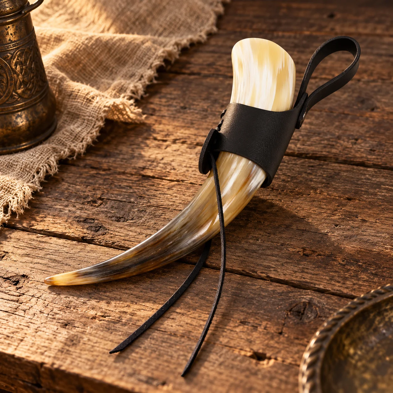 1PC Medieval PU Leather Drinking Horn Holder, Brown or Black Belt Holster with Lace-Up Design and Rivet Details, Viking Pirate R