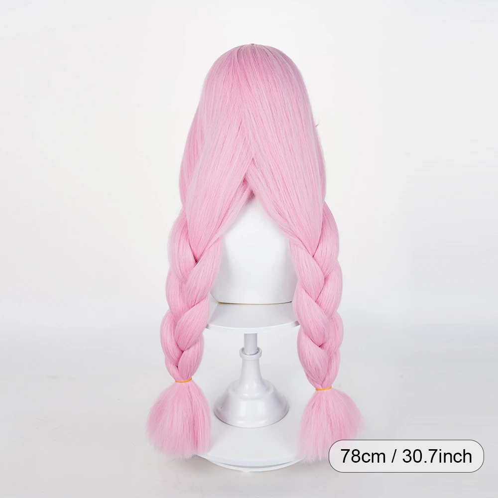 Pink Long Straight Synthetic Wigs with Bangs Anime Game Cosplay Fluffy Braided Wig Heat Resistant for Daily Party