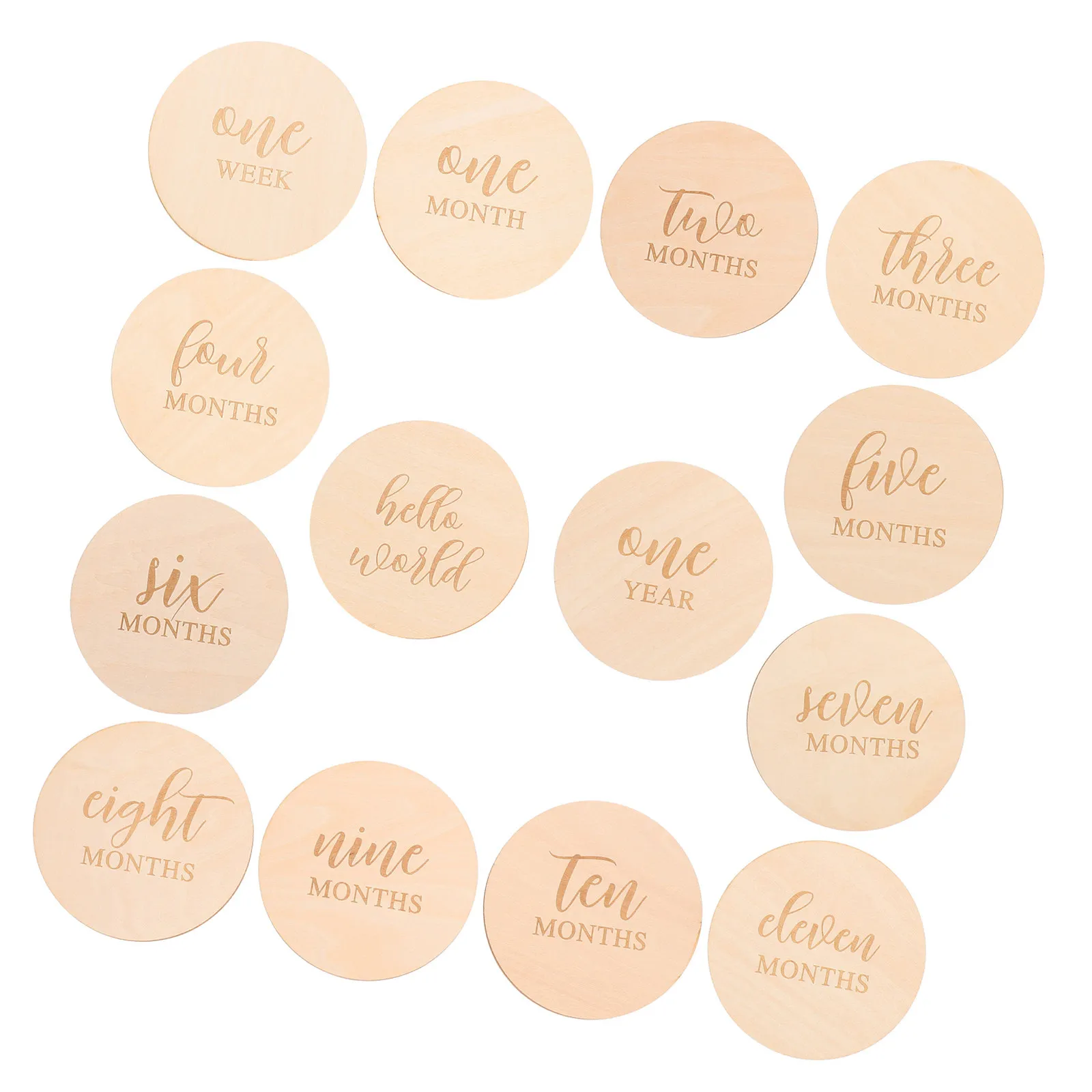 14枚入り木製ベビーマイルストーンカードセット、毎月の成長写真用、新生児年齢トラッカー写真撮影用小道具、木製ディスク（0〜12ヶ月用）