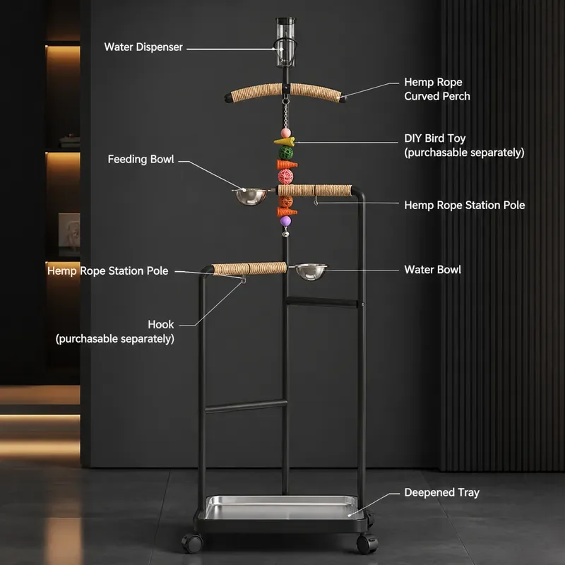 Parrot Triangle Bird Station Rack Deluxe with Kettle Black Medium Large Wrought Iron Stainless Steel Drinking Water Feeding