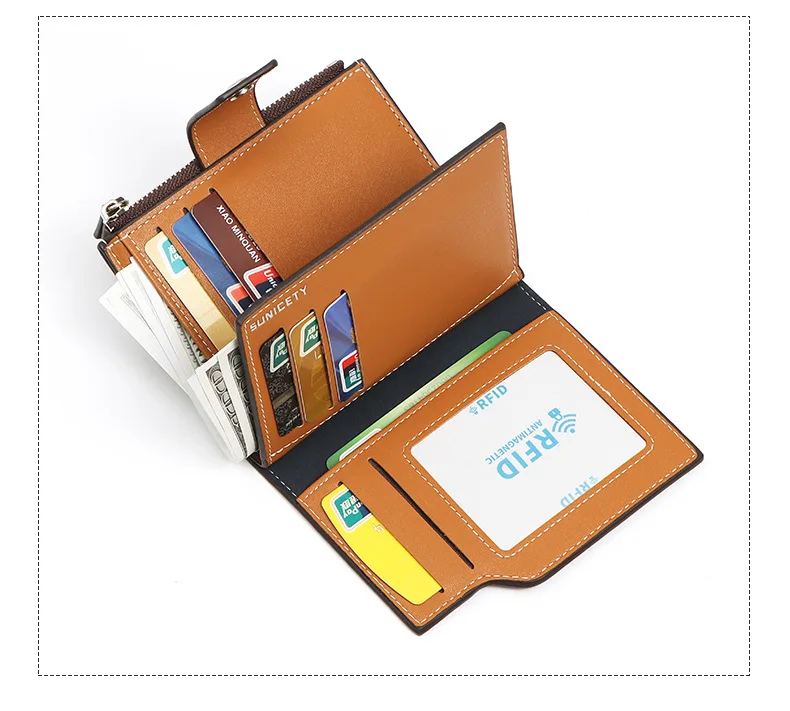 Men's RFID Leather Wallet Short Two-Fold Money Holder Multi-Function Zipper Coin Card Bag Anti-Theft Refresh Model Wholesale