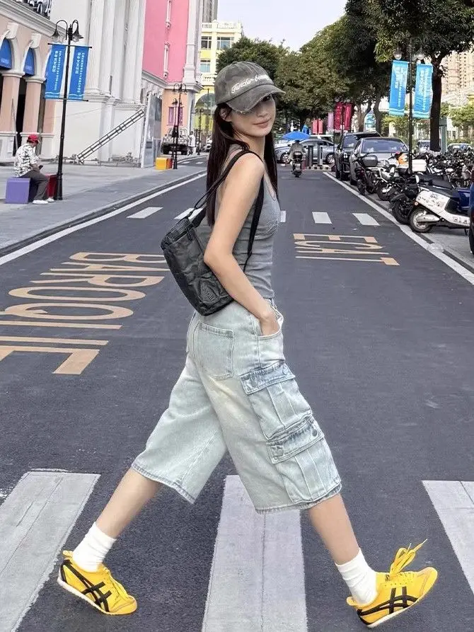 Women's Multi-pocket High Waist Loose Wide Legs Seven-point Retro Wash Straight Work Jeans