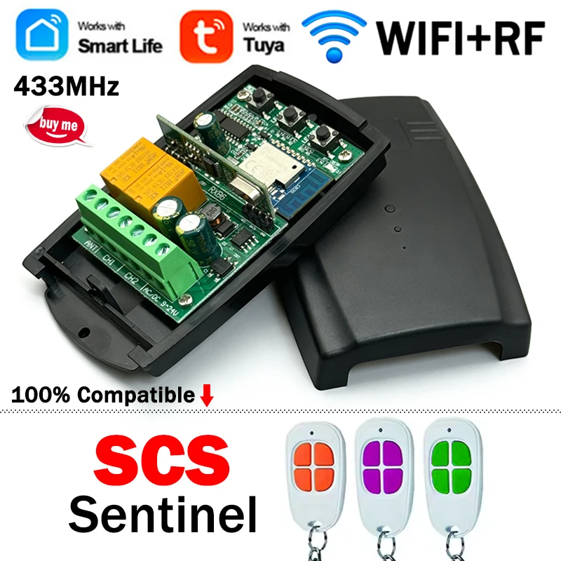 New SCS SENTINEL Tuya Smart Switch Module 2CH WIFI Garage Remote Control Receiver AC/DC 7-32V 85-250V 433.92MHz Radio Controller