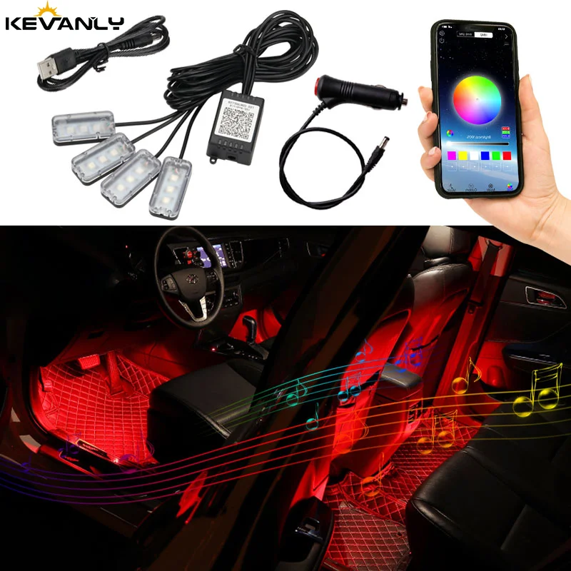 

KEVANLY 4 in 1 LED RGB Car Atmosphere Foot Lamp APP Control 5V USB 12V CIGARETTE Plug Colorful High Quality Decorative Light