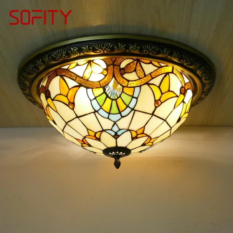 

SOFITY Tiffany Ceiling Light American Countryside Bedroom Study Modern Creative Bar Counter Corridor Colored Glass Ceiling Light