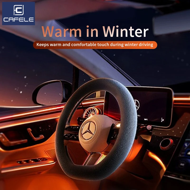 CAFELE Universal Steering Wheel Cover Fluffy Warm Plush Car Steering Wheel Case For Winter Keep Warm Comfortable 14.5-16 inch