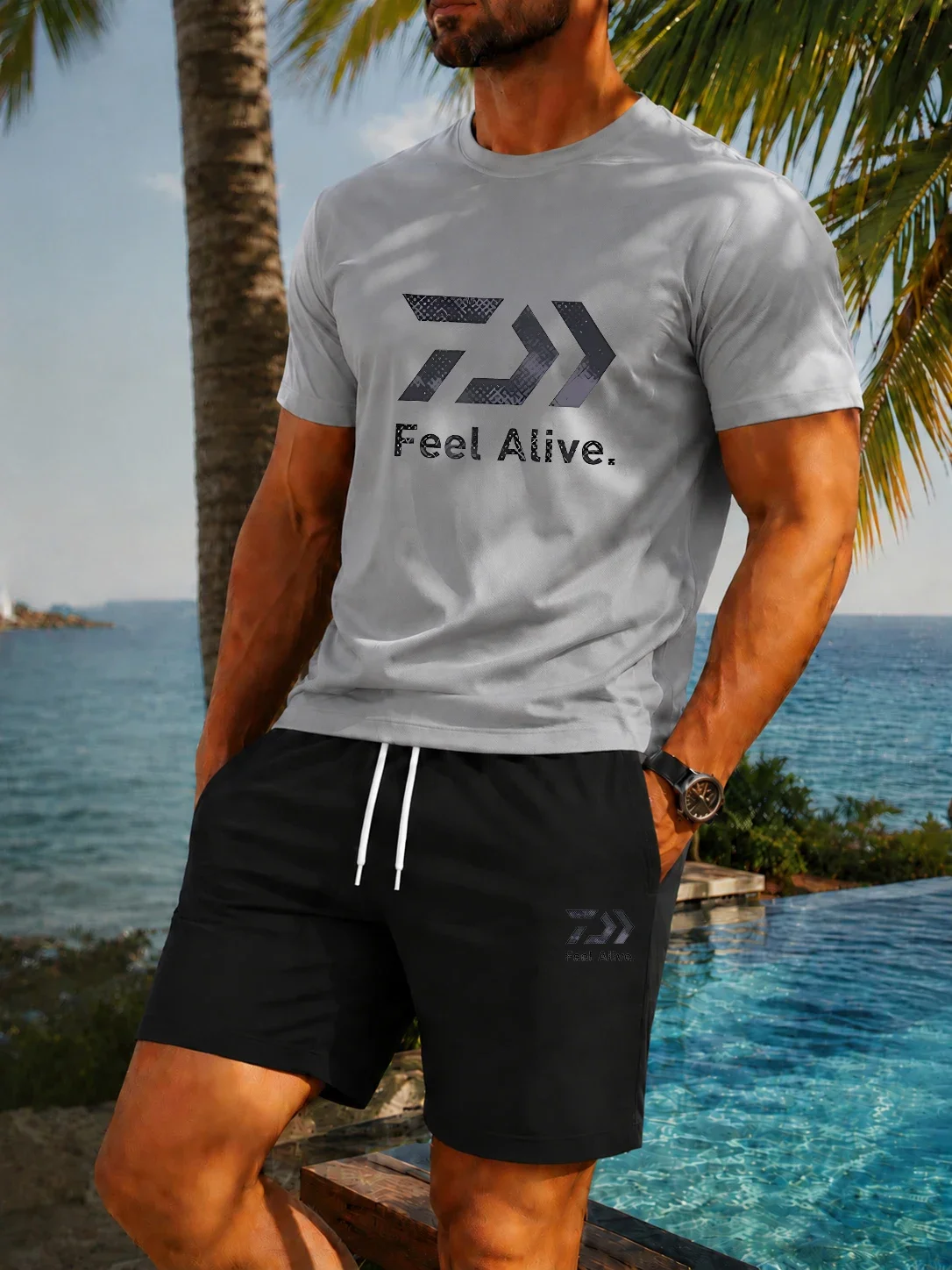 

2026 New Breathable T-Shirt Set, Simple Geometric Arrow Men's Crew Neck Short Sleeve and Five-Point Shorts Set, Sports Short Sle
