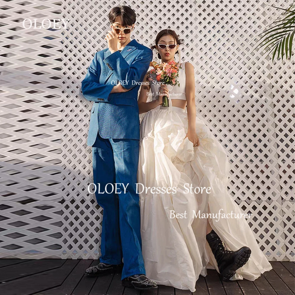 

OLOEY Ivory A Line Pleats Wedding Dress Korea Photoshoot O Neck Sleeveless Satin Prom Suit Floor Length Zipper Back Custom Made