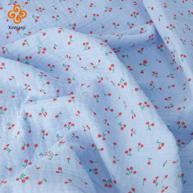 1m/2m/5m 100% Cotton Crepe Fabric Double Layer Cherry Print Gauze Children Pajamas Quilt Fabric DIY Sewing Blanket Material