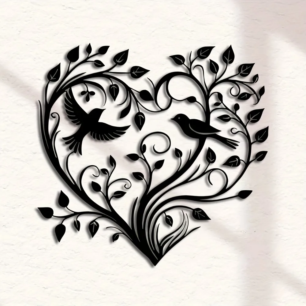 Love Heart Tree of Life Iron Wall Art Bird Decor Home Hanging Ornament for Indoor Outdoor Balcony Patio Housewarming Present