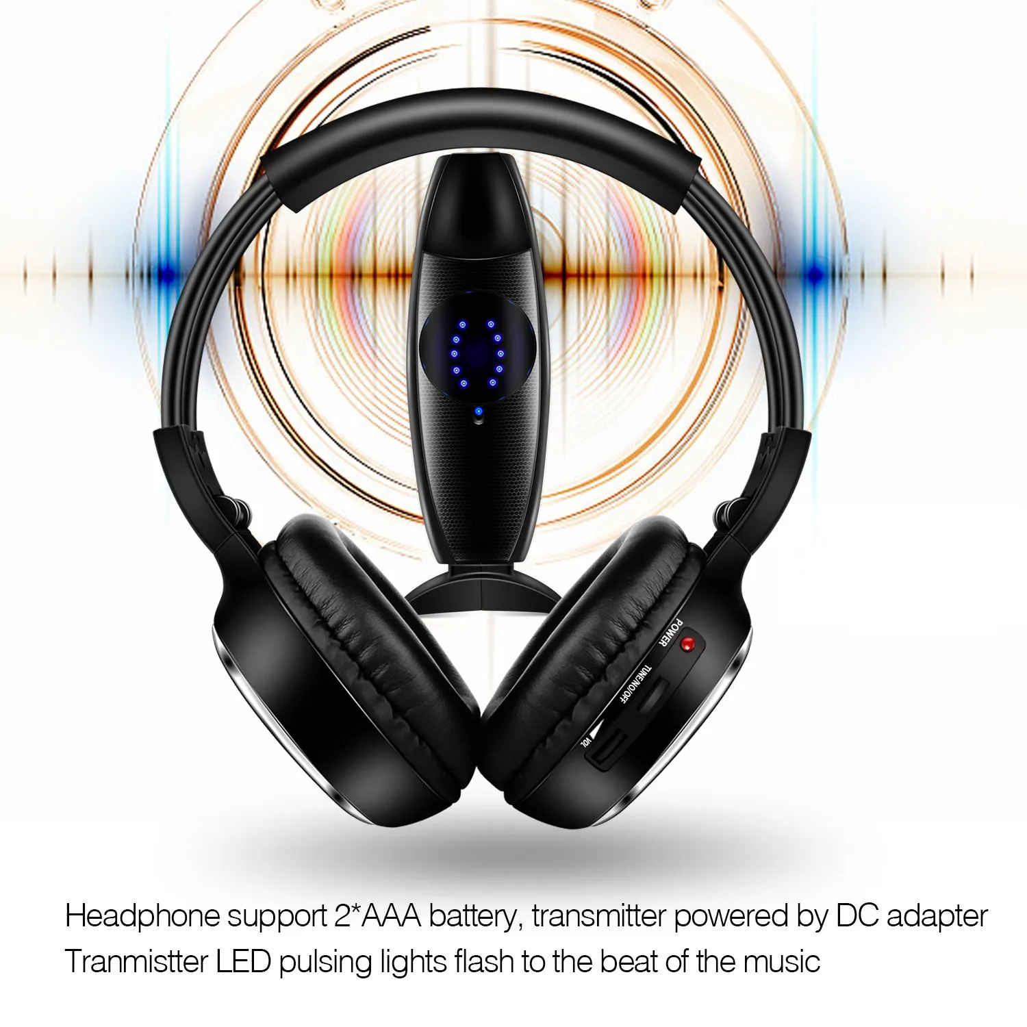 หูฟังไร้สายแบบพับได้สีดํา Silent Disco Complete System - ชุดปาร์ตี้ Clubbing ที่เงียบสงบ (หูฟัง 50 ตัว + เครื่องส่งสัญญาณ 3 ตัว)