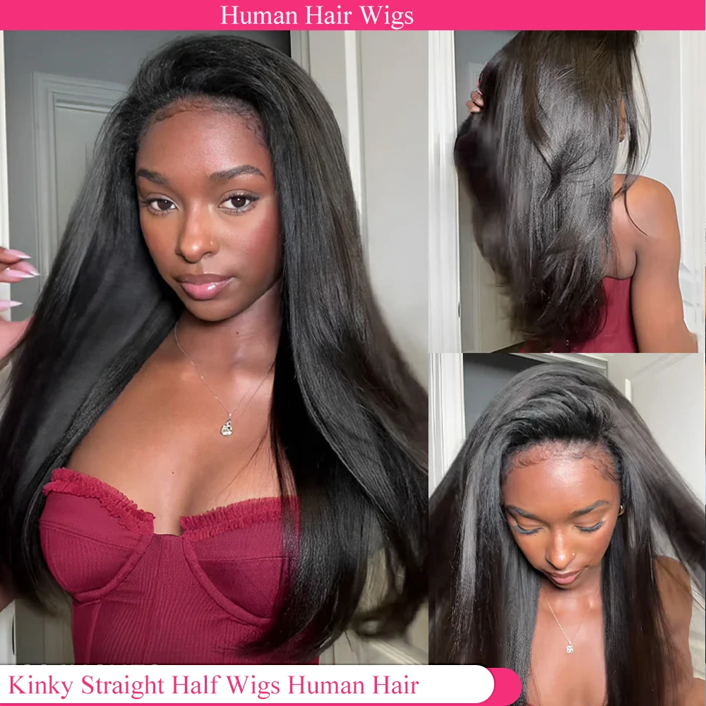 Half Wigs Kinky Straight Glueless Wigs Human Hair Upgrade 3 IN 1 Half Wig With Drawstring Seamless Clip Ins Flip Over Half Wigs