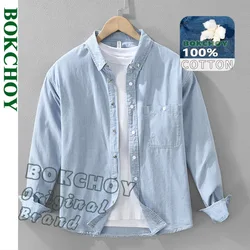 2025 Spring New Pure Cotton Loose Cargo Denim Shirts for Men Clothing Casual Streetwear Men Tops CM7596