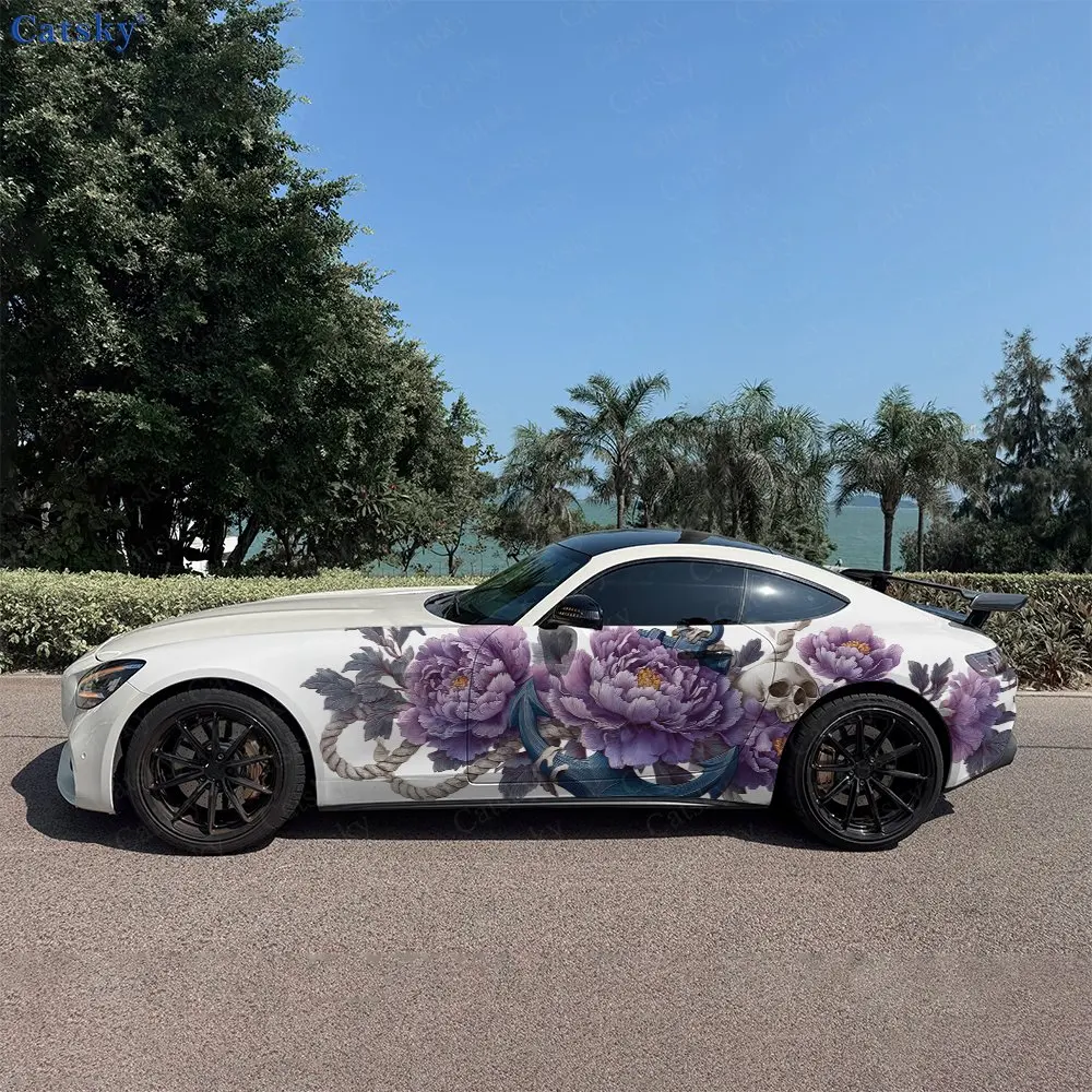 2pcs Ocean Vintage Floral Skeleton Car Side Wraps, Self-Adhesive PVC Waterproof & Scratch-Resistant Stickers, Car Accessory Gift