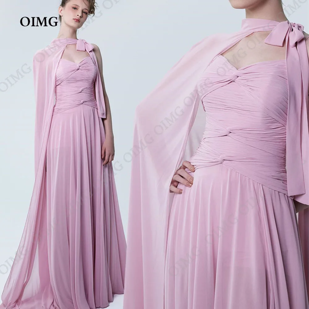 OIMG-Vestidos De Noite De Chiffon Rosa, Uma Linha, Jaqueta Longa Manga, Vestidos De Evento Formal, Plissados Personalizados, Vestidos De Noite De Dubai, Capa