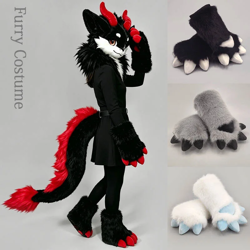 Furry Fur Dragon Claw Gloves Animal Paw Big Plush Dragon Tail Fursuit Partial Costume Anime Exhibition Stage Performance Cosplay