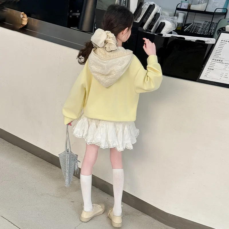 Girls Korean lace hooded sweater 2025 spring new children's Internet celebrity hoodie versatile trendy top