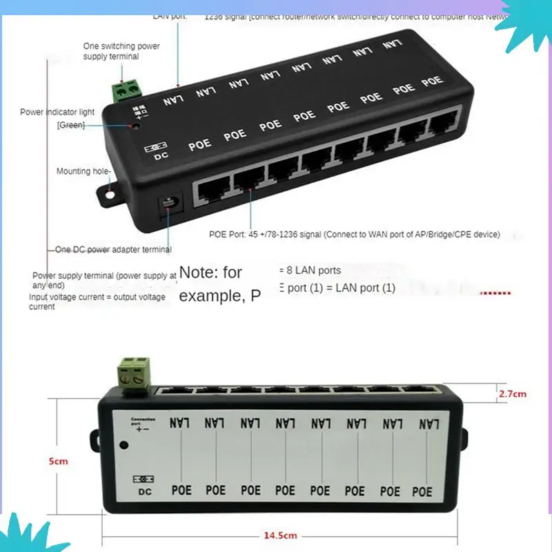 ABZW 2X POE-инжектор 8-портовый адаптер питания Poe Источник питания Ethernet для сетевой камеры видеонаблюдения POE Power через Ethernet, черный