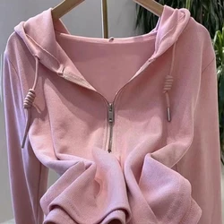 Hoodies Women Casual Simple Zipper Long Sleeve Slim Streetwear Pullovers Spring Autumn Thin Clothes Solid Color