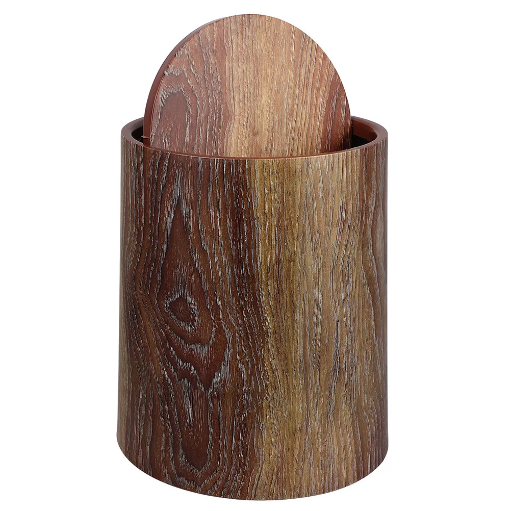 

Plastic Imitation Wood Grain Trash Can Swing Cover Round Wastebin for Office Home Kitchen Bedroom Household Garbage Bucket