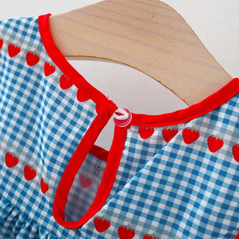 Summer Baby Girl Dress Cute Plaid Strawberry Print Sleeveless Girl Dress Sweet Cherry Girl Princess Dress With Bag