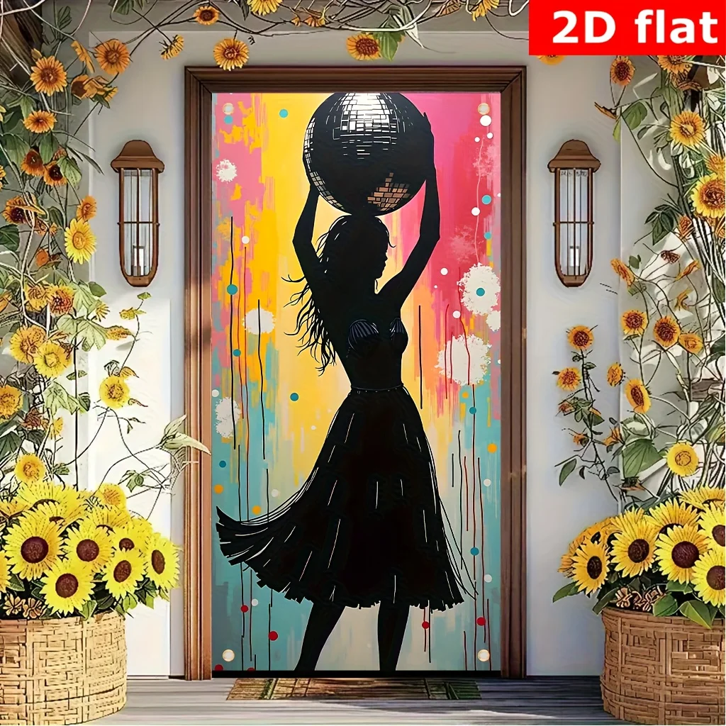 1 piece of 2D flat design, a woman wearing a black dress is holding a disco ball, with polyester fiber party decorations.